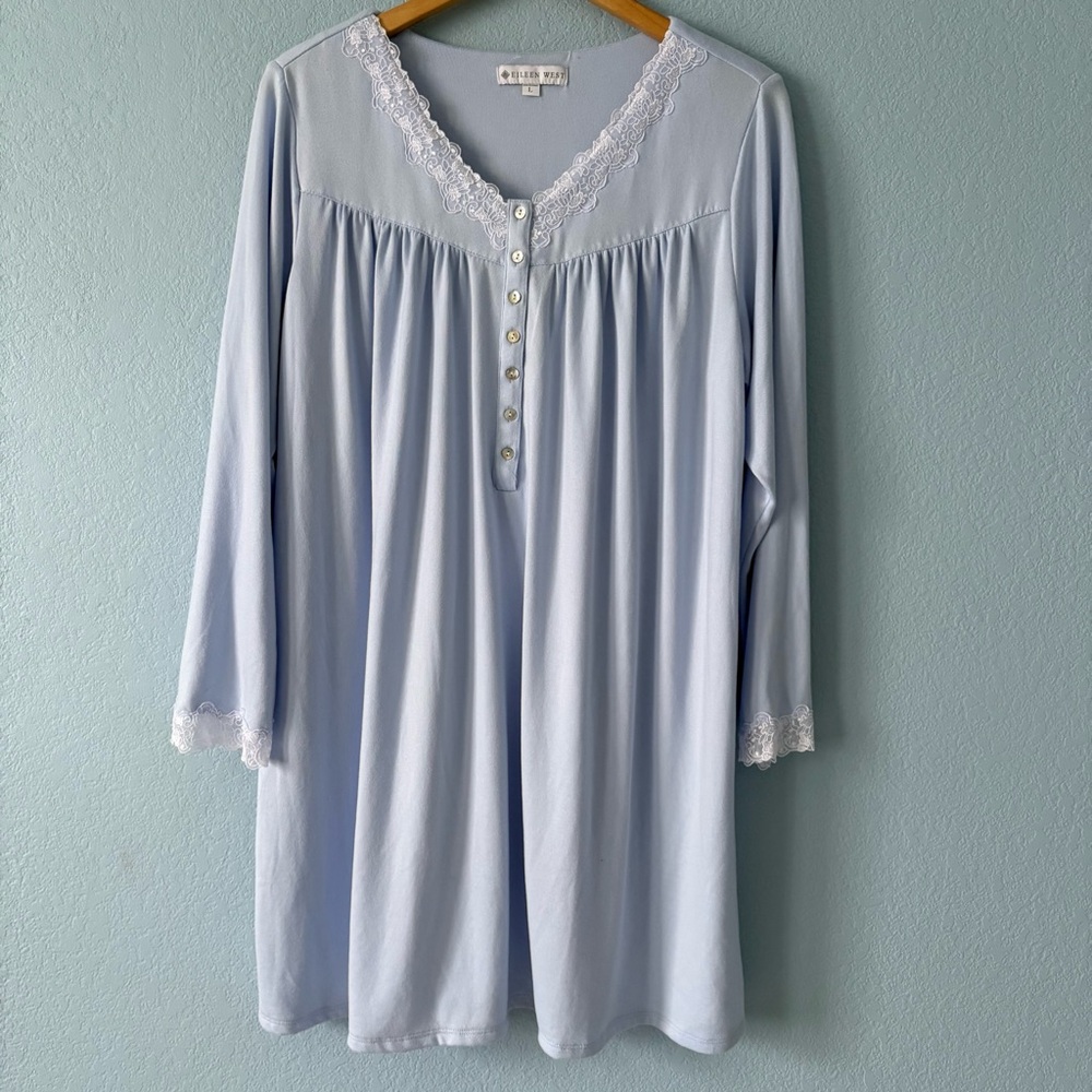 Eileen West Nightgown Chemise Sweater Knit Clean Blue Dream Long Sleeve